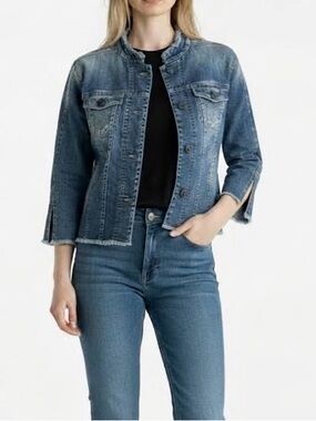 Marc Cain Frayed Mandarin Collar Denim Jacket with Beaded Buttons